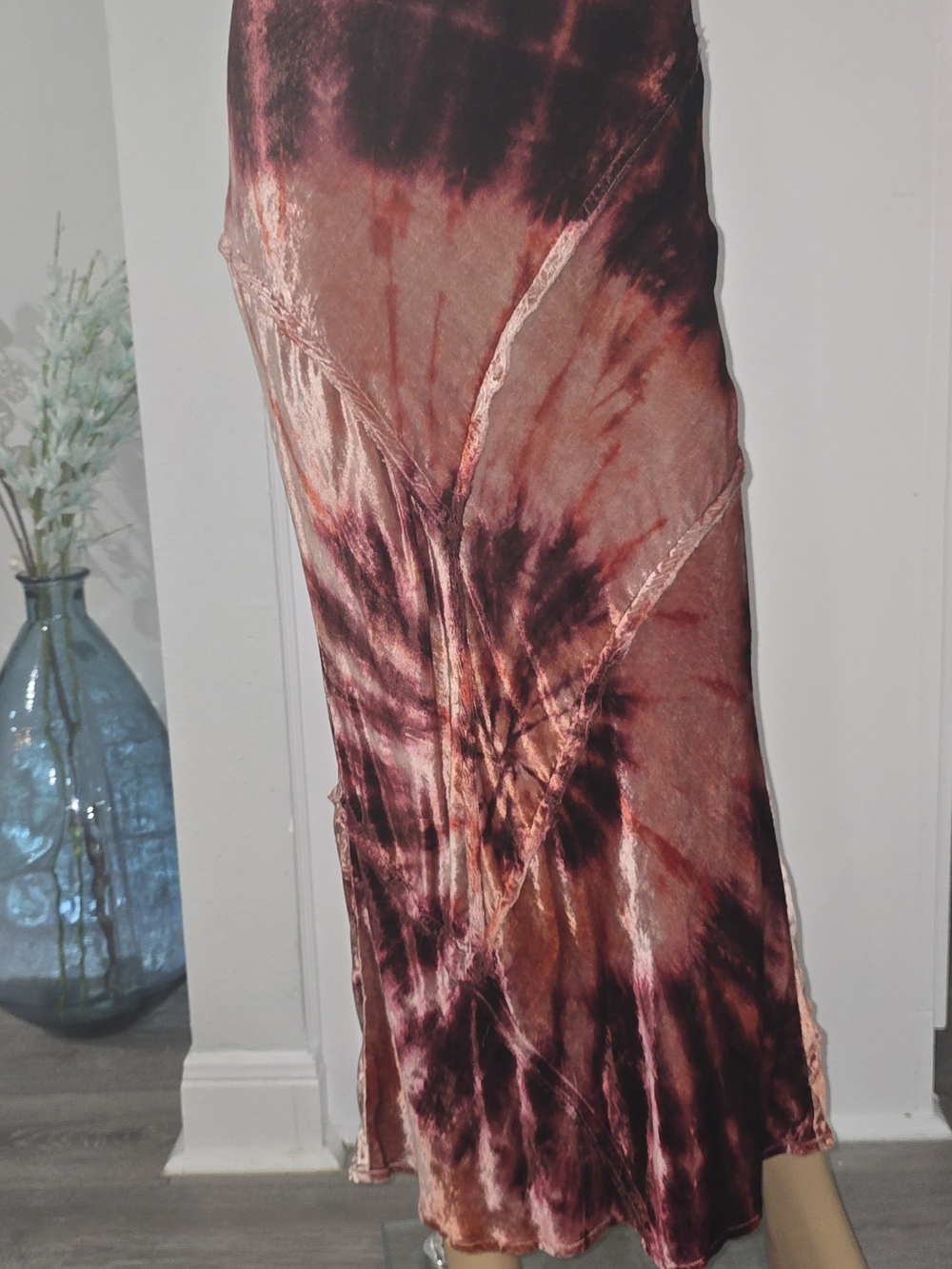 Free People Tie-Dye Velvet Maxi Skirt in Burgundy and Rust